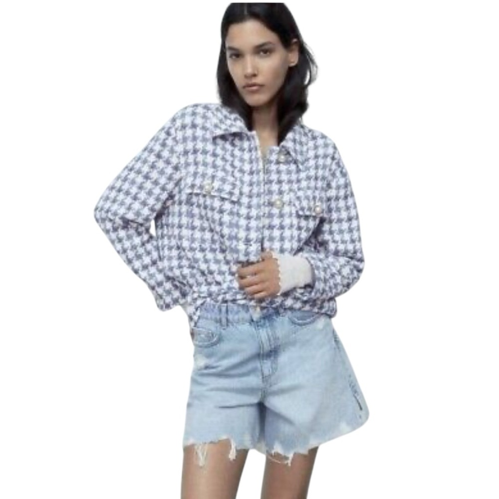 Zara Blue and White Houndstooth Button Down Shirt - Picture 2 of 12